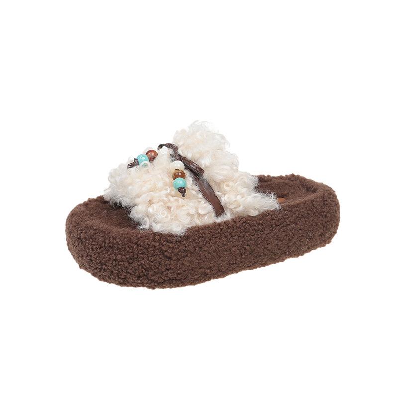 Retro thick-soled fluffy slippers women's outer wear 2025 autumn and winter new Korean version comfortable one-word bow women's slippers