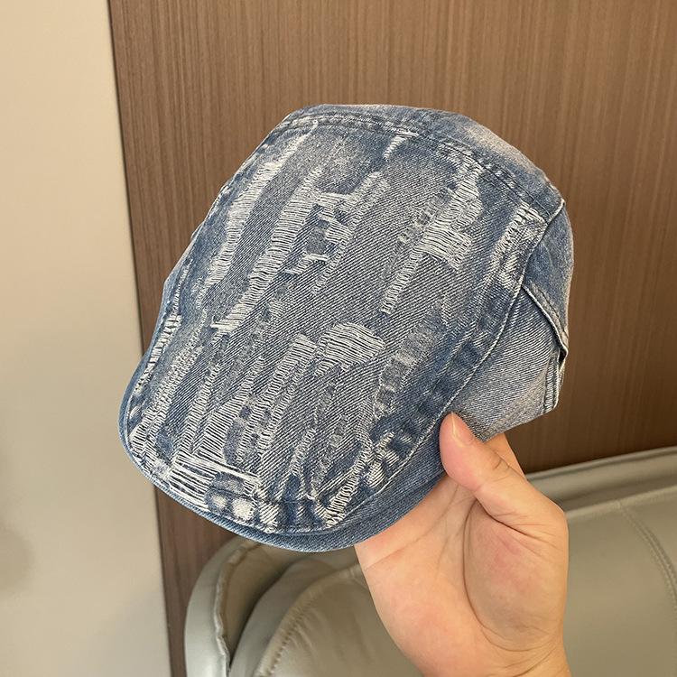 

Korean denim cap, women s forward hat, ripped beret, retro old hat, men s and women s sun hats M（56-58cm） синій