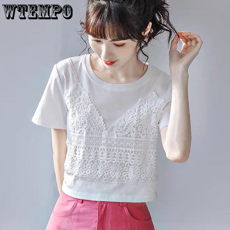 WTEMPO Korean Summer Solid Shirts Women Casual Round Collar Slim Vintage Short Sleeve Pure Cotton Lace Cropped Tops
