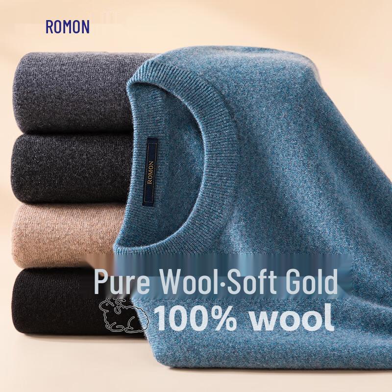 ROMON Men's 100% Wool Round Neck Thin Pullover Sweater