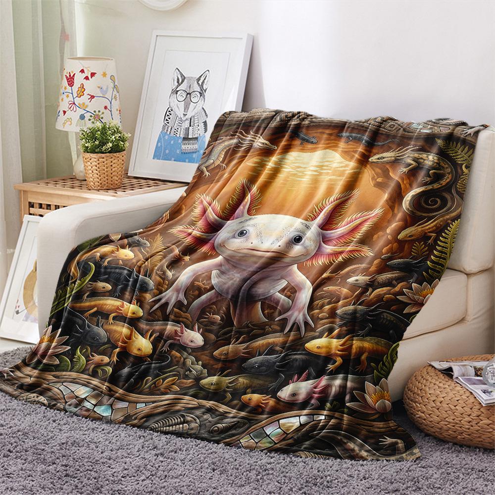 1PC Axolotl  Print FlAannel Blanket, High Quality Comfortable for All Seasons, Home Decor, Warmth and Comfort