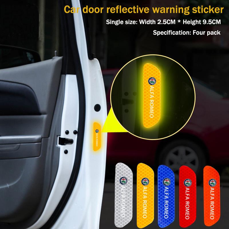 IJOPV1 4pcs Car Door Sticker Reflective Safety Warning Mark Decoration Decal For Alfa Romeo 4C 159 166 Spider Giulia Giulietta 156 147