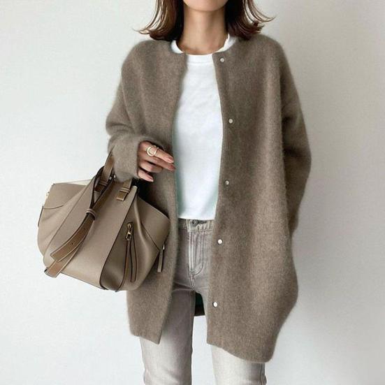 Women Winter Coat Single-breasted Solid Color Long Sleeves Loose Knitted Keep Warm Sweaters