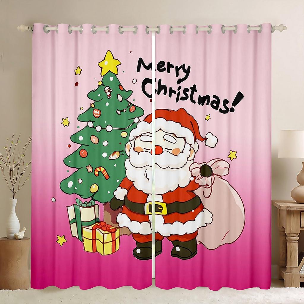 Blackout Christmas Tree Curtain Cute Santa Claus Living Room Decor Cartoon Snowman Window Curtains Drape Made Of Polyester Washable Sitting Ready