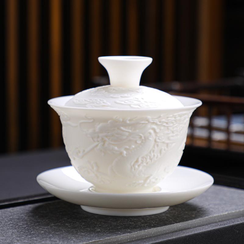 140ml Chinese Ceramic Gaiwan Teacup Handmade Three-dimensional Relief Dragon Tea Tureen White Porcelain Tea Bowl Teaware 10.5x9.5cm  140ml