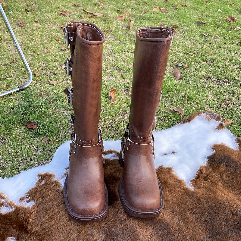2025 autumn new brown western cowboy boots women's versatile round head retro knight but knee boots women