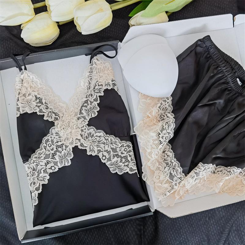Sommer Frauen Strumpf 2Pcs Pyjamas Set Sexy Patchwork Spitze Chemise Nachtwäsche Intimate Dessous Lose Seide Satin Hause Kleidung