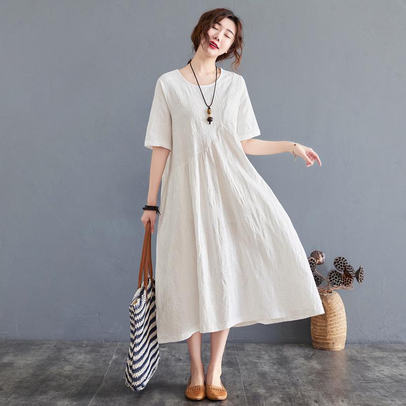 Women Summer Cotton Linen Loose Jacquard Irregular Dress Casual O-neck Short Sleeve Solid Color Dresses