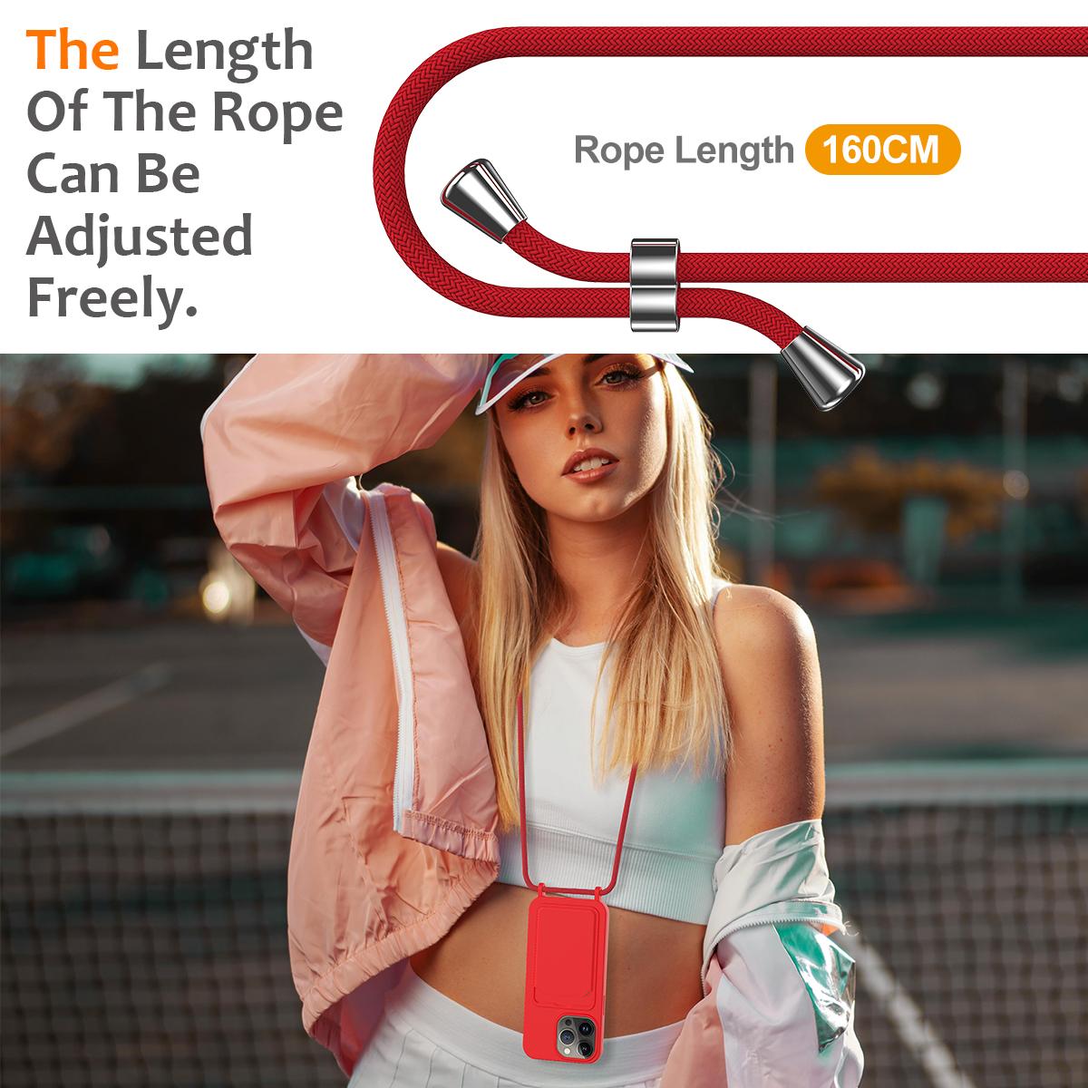 

For iPhone 15 Pro Card Slot Case Liquid Silicone Phone Cover with Long Strap Red