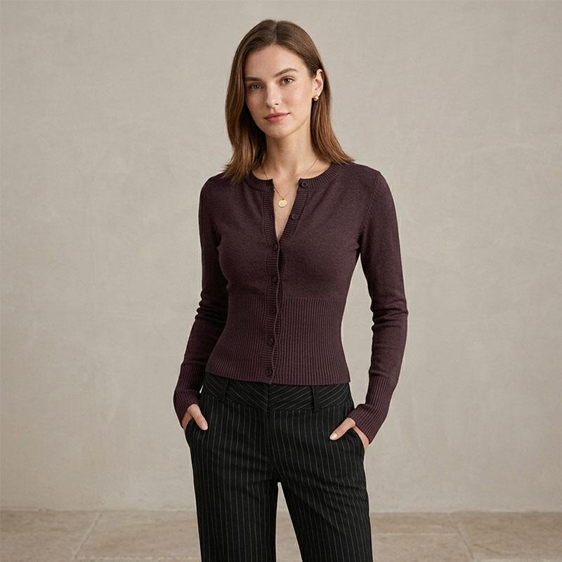 Women Soft Fine Knit Slim Cardigan, Long Sleeve Button Up Crew Neck Sweater Top For Autumn Winter