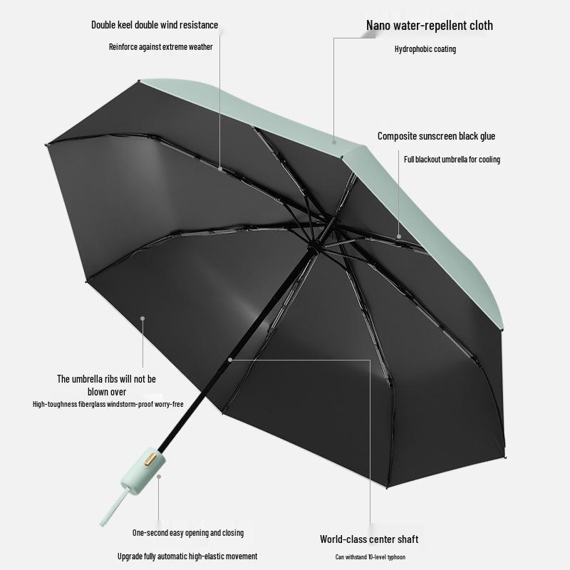 Three-fold Automatic Black UV Protection Umbrella with Double Rib and Wind Resistance for Rain and Shine