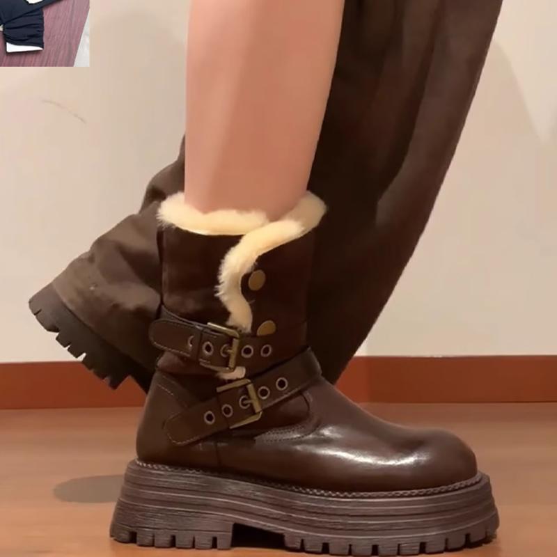 Mode Winter Warm Fellige Dicke Absätze Damen Stiefeletten Halten Mode Gürtelschnalle Kurze Stiefeletten Schuhe Zapatos Mujer
