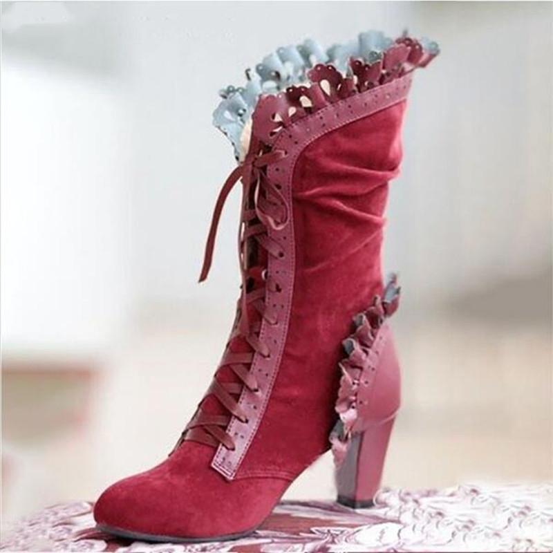 Damen Spitzen Hohe Absätze Mittlere Röhre Stiefel Retro Leder Winter Schuhe Stiefeletten Cowboy Stil Bequem