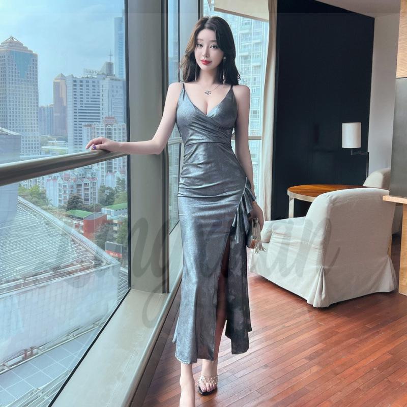 

Elegant Sexy V-Neck Printed Spaghetti Strap Slimming Gown Extra Large сірий колір