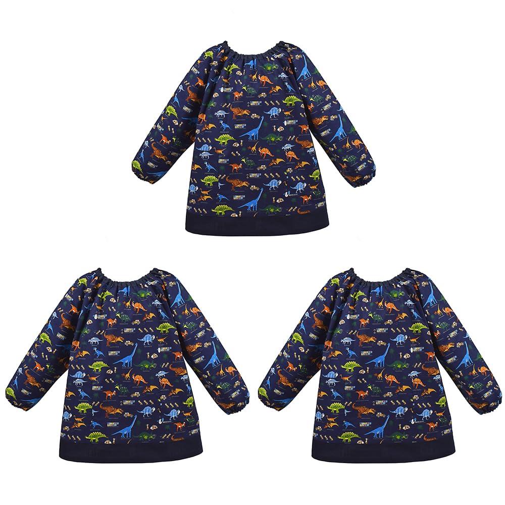 COLORFUL CANDY STYLE Smock Dinosaur Set of 3 Cool Long Sleeve Smocks for Elementary and Stylish Smock (100-110cm) "Discover! Explore! Continent"