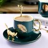 Luxury Green Gold Plated Leaf Ceramic Coffee Cup with Saucer Exquisite Afternoon Tea Dessert Cup Office Interior Mug Home Decor