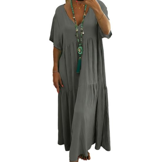 Summer Cotton Linen Dress for Women Oversized Loose Beach Sundress Short Sleeve V Neck Casual Flowy Long Dress