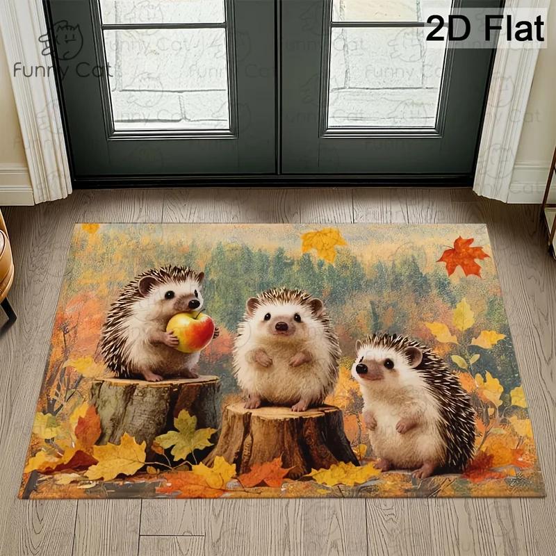 Cute Hedgehog Autumn Entryway Doormat Non-Slip Washable Dirt Trapper Stain Resistant Absorbent Durable Floor Mat