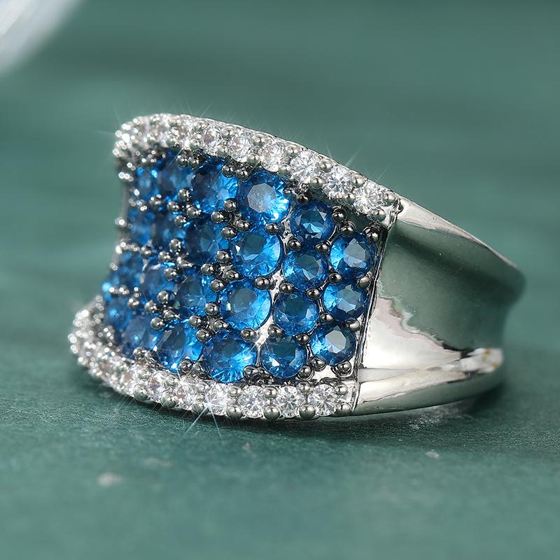Exquisite Inlaid White Blue CZ Women's Ring Aesthetic CopperColor Geometry Daily Wear Party Jewelry Anniversary Gift