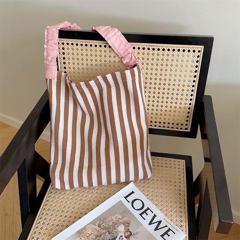 

summer small fresh shoulder canvas bag new contrasting stripes large capacity pleated shoulder strap tote bag