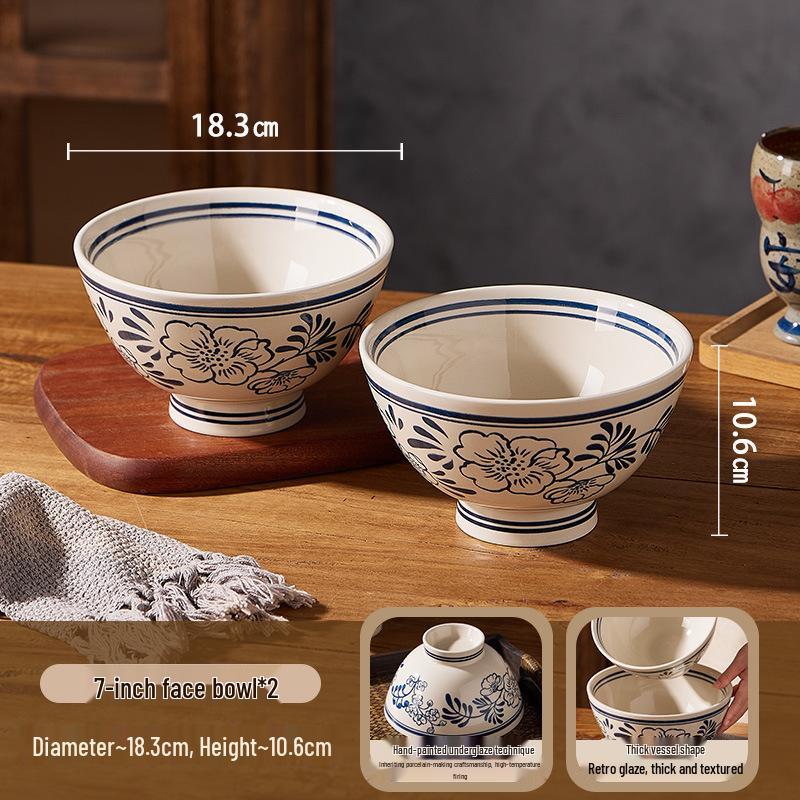 Retro Hand-Painted Blue & White Large Noodle Bowl - High-Footed Porcelain for Creative Dining