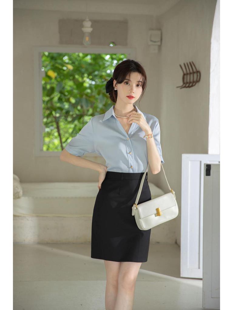 Women's Blue V-Neck Short Sleeve Professional Shirt for Interviews and Workwear