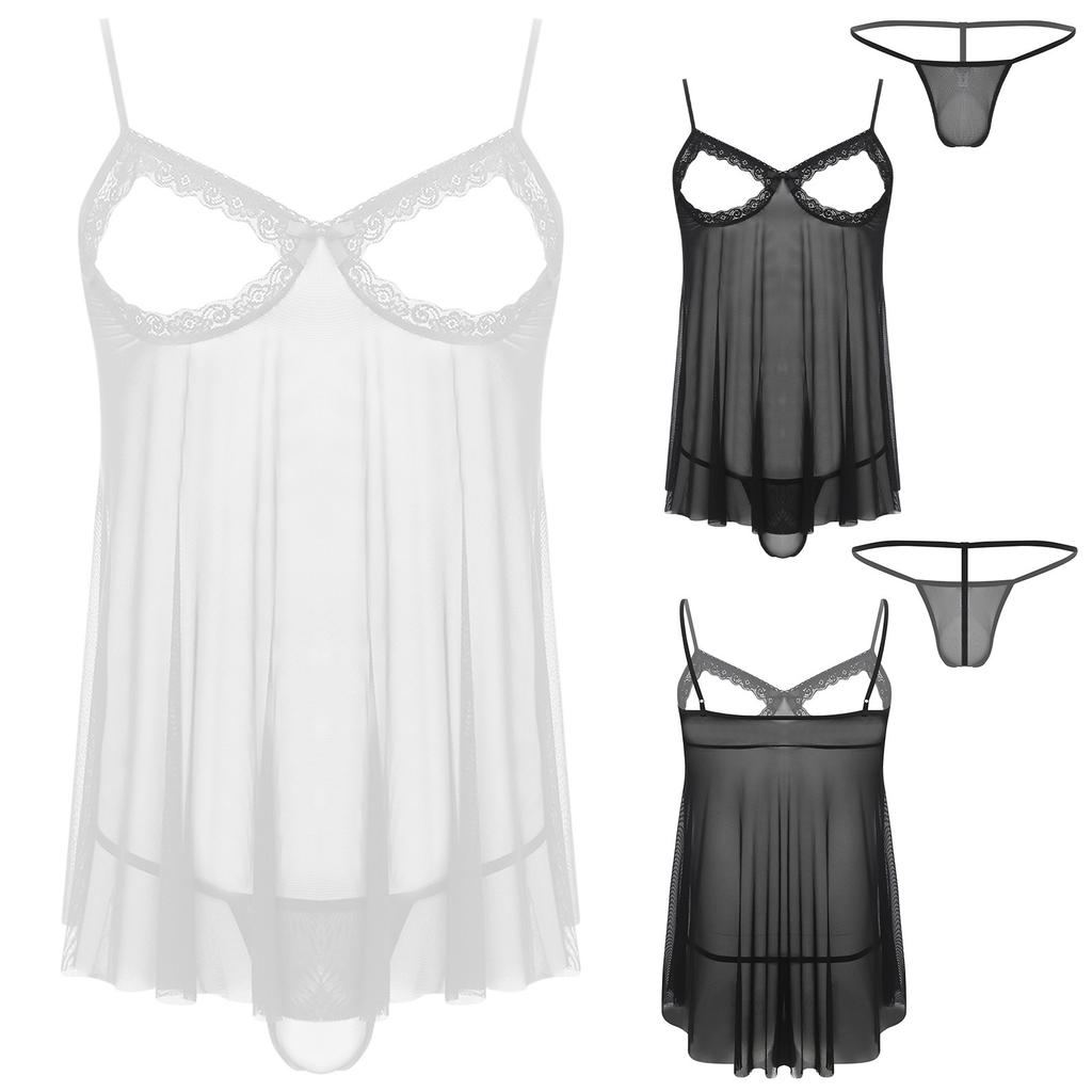 Mens Sheer Mesh Lace Babydoll Nightgown Plus Size Open Front Design Adjustable Spaghetti Straps Matching G-String Set