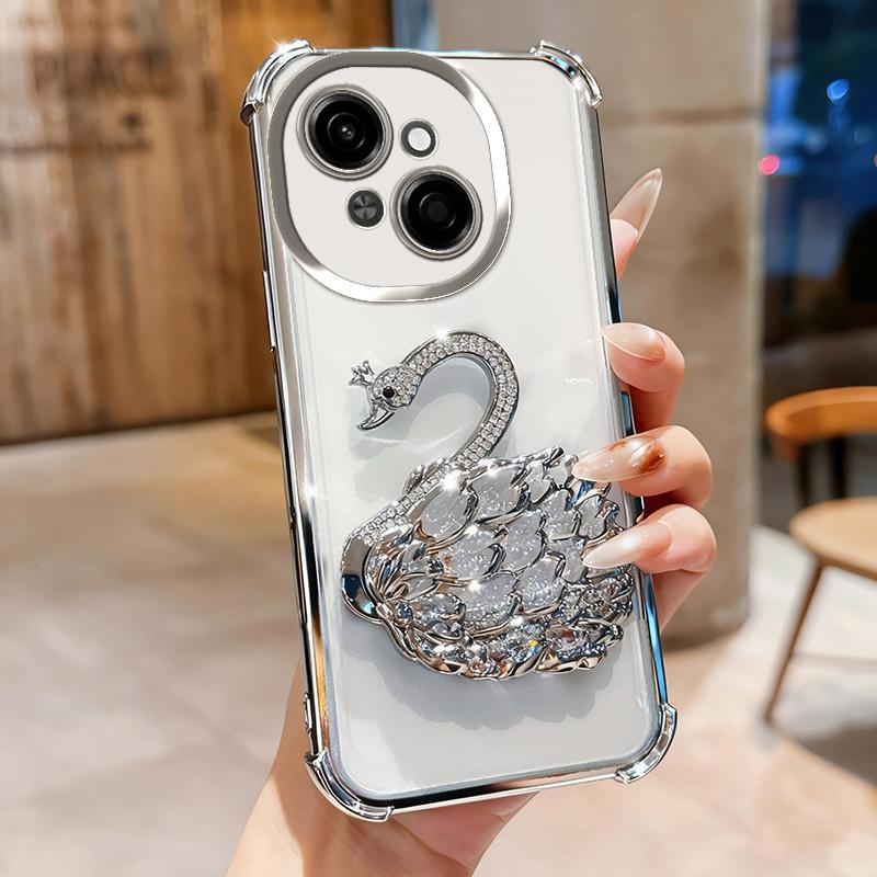 KEYSION Nárazuvzdorné pokovované TPU puzdro na telefón pre TECNO Spark Go 1 1S Go 2025 Trblietavé zdobené labuť so stojanom Zadný kryt pre Pop9 4G