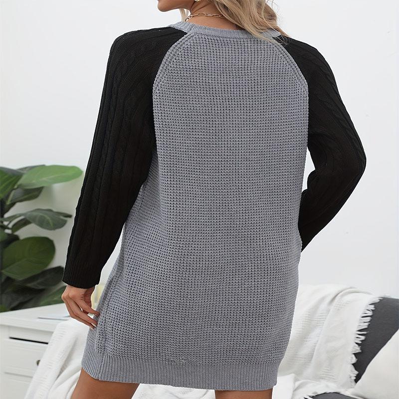 Women's Sweater Autumn and Winter Long Round Neck Colorblocking Pin Sweater