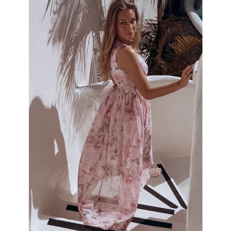 Fashion V Neck Sleeveless Floral Printed Chiffon A-line Dress Elegant Women Vacation Beach Casual Simple Split Party Long Dresses Female Clothing