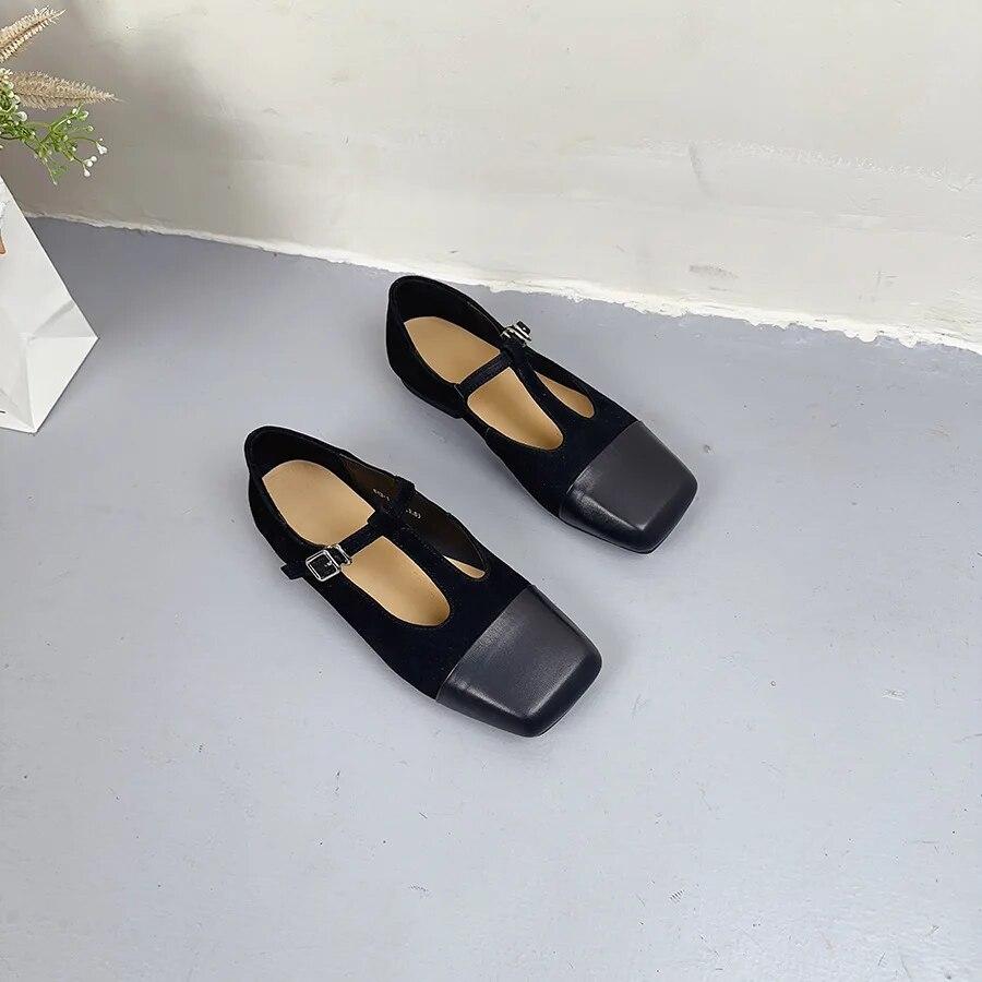 Johnature Square Toe Buckle Shallow Fashion Pumps Versatile Genuine Leather Women Low Heels Shoes