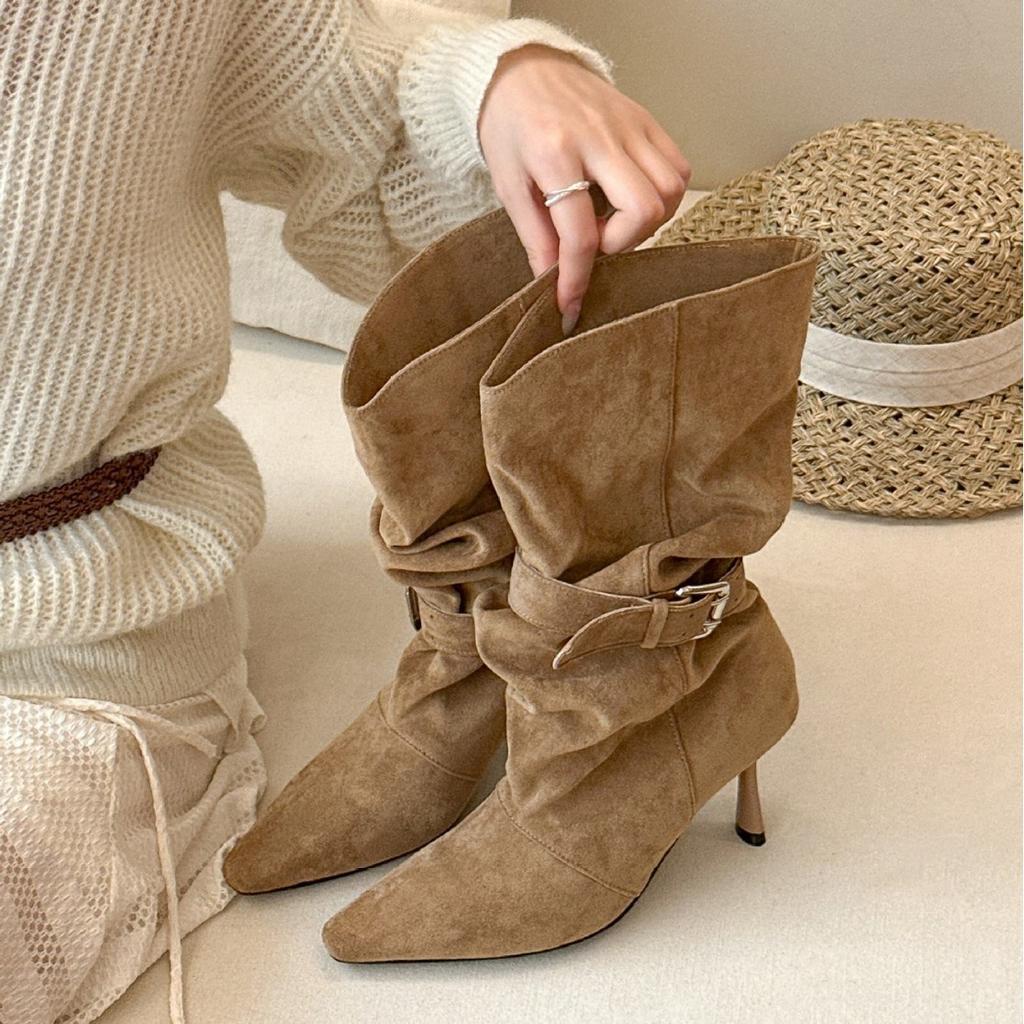 Retro pointed thin heel high heel short boots women's 2025 autumn and winter new fashion temperament wrinkled stacking boots Martin boots
