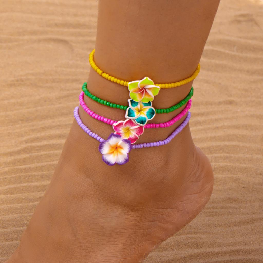 Bohemian Handmade Rice Beads Polymer Clay Flower Anklet for Women Summer Beach Bright Color Egg Flowers Ankle Bracelet Jewelry