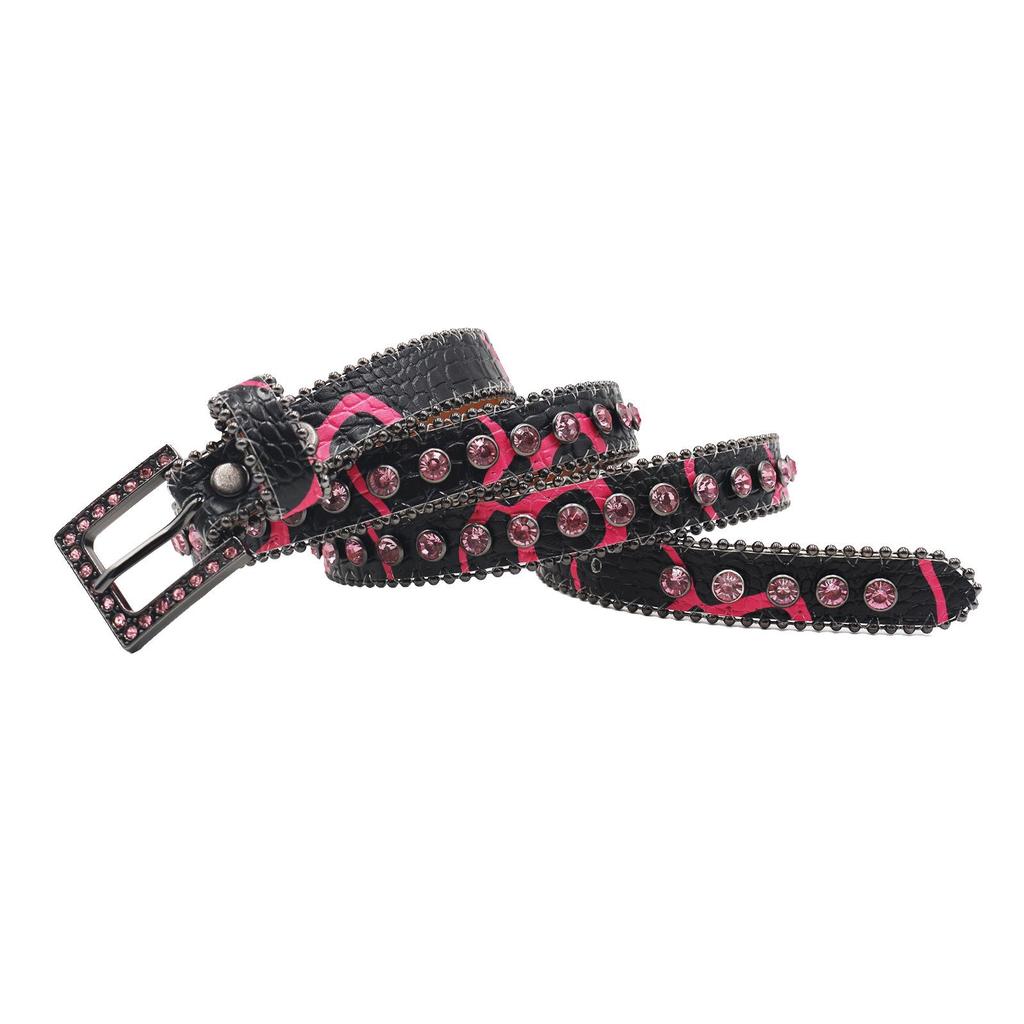 High-end Women's Patterned 2.3 Leather Belt with Pin Buckle and Rhinestones – European & American Punk Style.