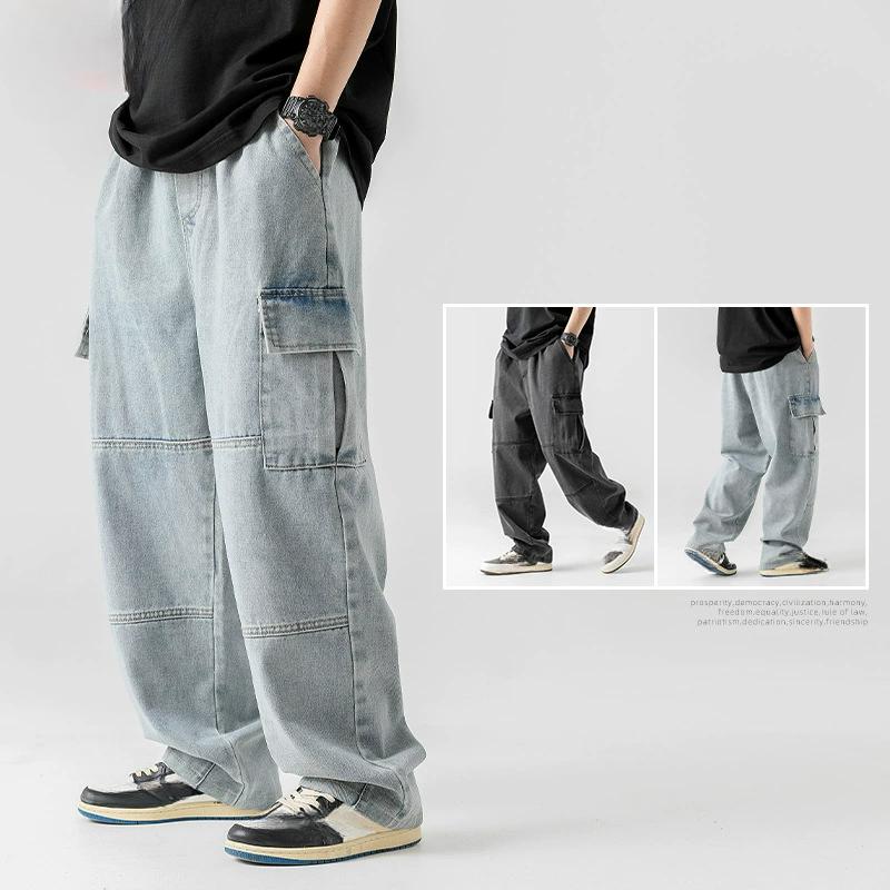 Men's Double Three-dimensional Pocket Jeans Spring Retro Distressed Washed Tooling Trousers Men