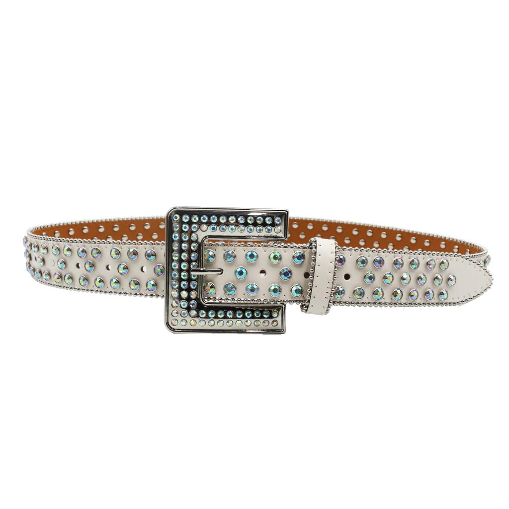 New European and American PU Leather Trousers Belts with Personalized Trendy Square Buckles Rhinestone Belts In The West