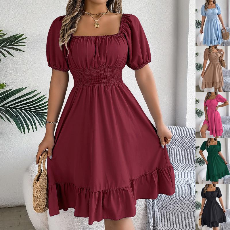Women's Square Neck Puff Sleeve Midi Dress, Smocked Waist Ruffle Hem A-Line Casual Dress for Spring and Summer