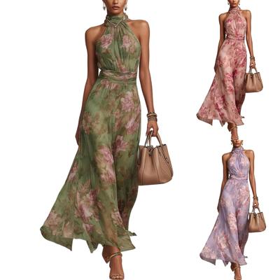 Women Floral Print Halter Neck Chiffon Maxi Dress Sleeveless Waist Pleated Long Dress Summer Vacation Style