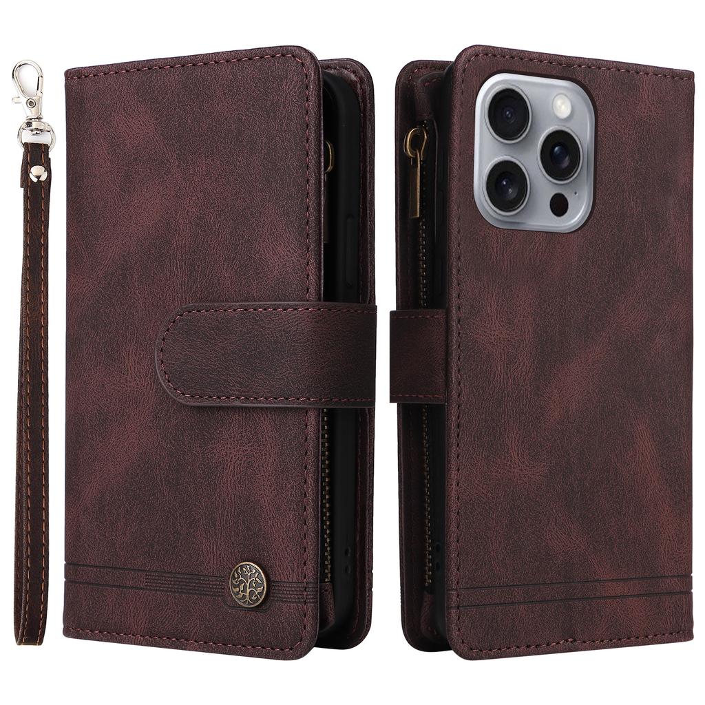 For iPhone 16 Pro Max Case Zipper Pocket Hand Strap Leather Phone Cover