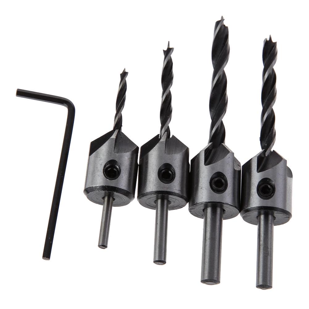 4pcs Three Pointed Woodworking Counterbore Drill 3-6mm HSS Screw Chamfering Drill Bit 5 Flute Countersink Drill Bit Set