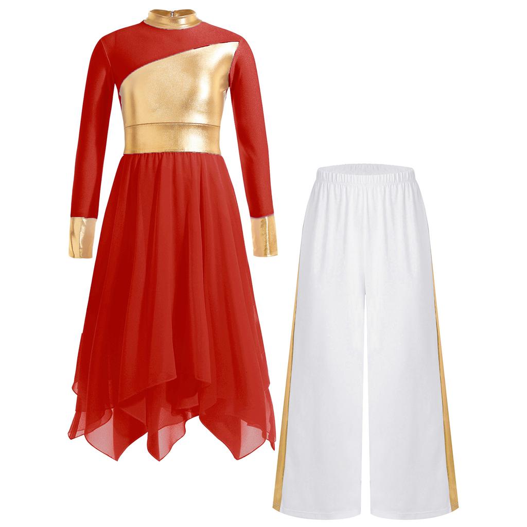 Mädchen Liturgisches Tanzoutfit Langarm Colorblock Metallic Lyrisches Kleid Weitbeiniges Hosen-Set