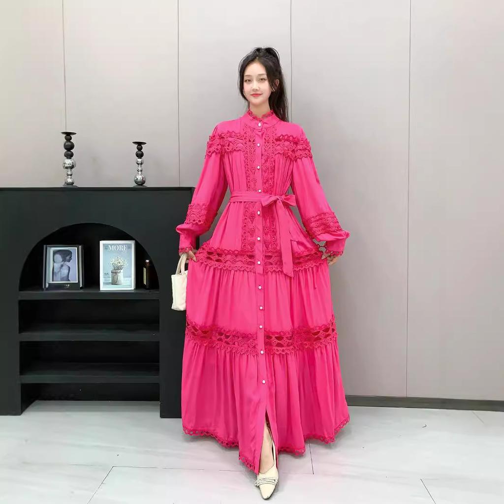 New vintage palace-style long-sleeve, stand collar, waist-cinching, slimming A-line hollow-out single-breasted dress is excellent