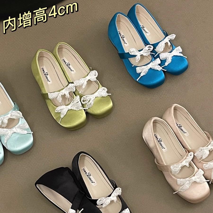 French gentle satin lace bow Mary Jane shoes women's inner height-increasing single shoes 2025 new shallow mouth ballet shoes