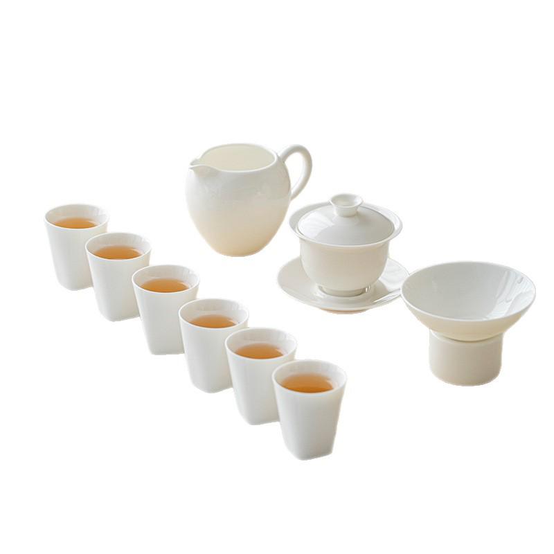 Premium White Porcelain Yangzhi Jade Kung Fu Tea Set with Three-Talent Lid Bowl, Gong Dao Bei, Tea Sea, and Customizable Tea Cups.