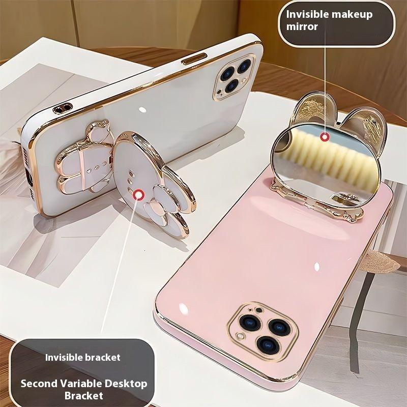 Cute Rabbit Mobile Phone Stand Foldable Mirror Bracket 360 Rotation Sticky Back Lazy Desktop Holders for Women Make Up Support