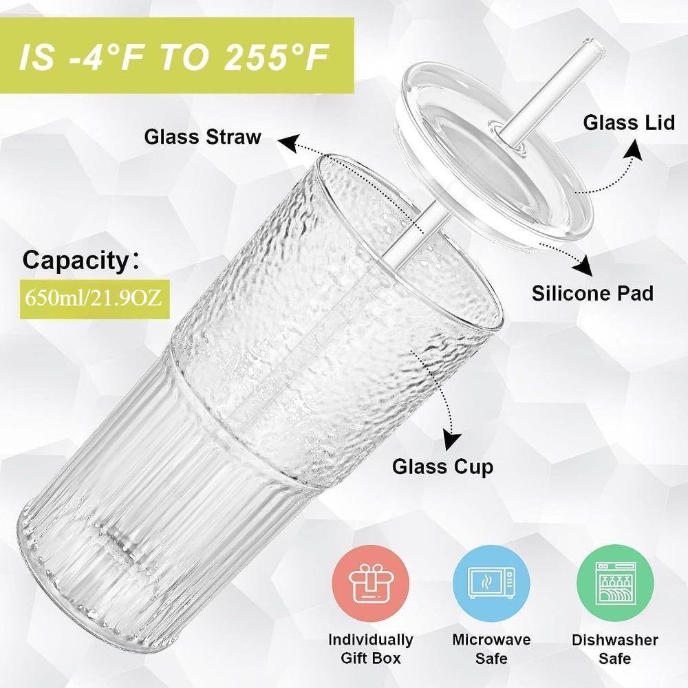 Stripe Glass Cup with Lids and Straws High Borosilicate Tumblers Transparent Drinking Glasses for Iced Coffee Cup Tea Water Cups