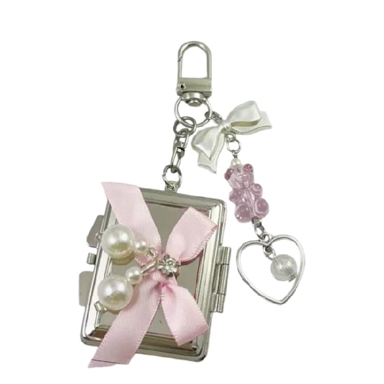 

Mirror Keychain Embellished with Colorful Bowknot and Heart Compact and Stylish Bag Pendant Ornament Ideal Gift Choice