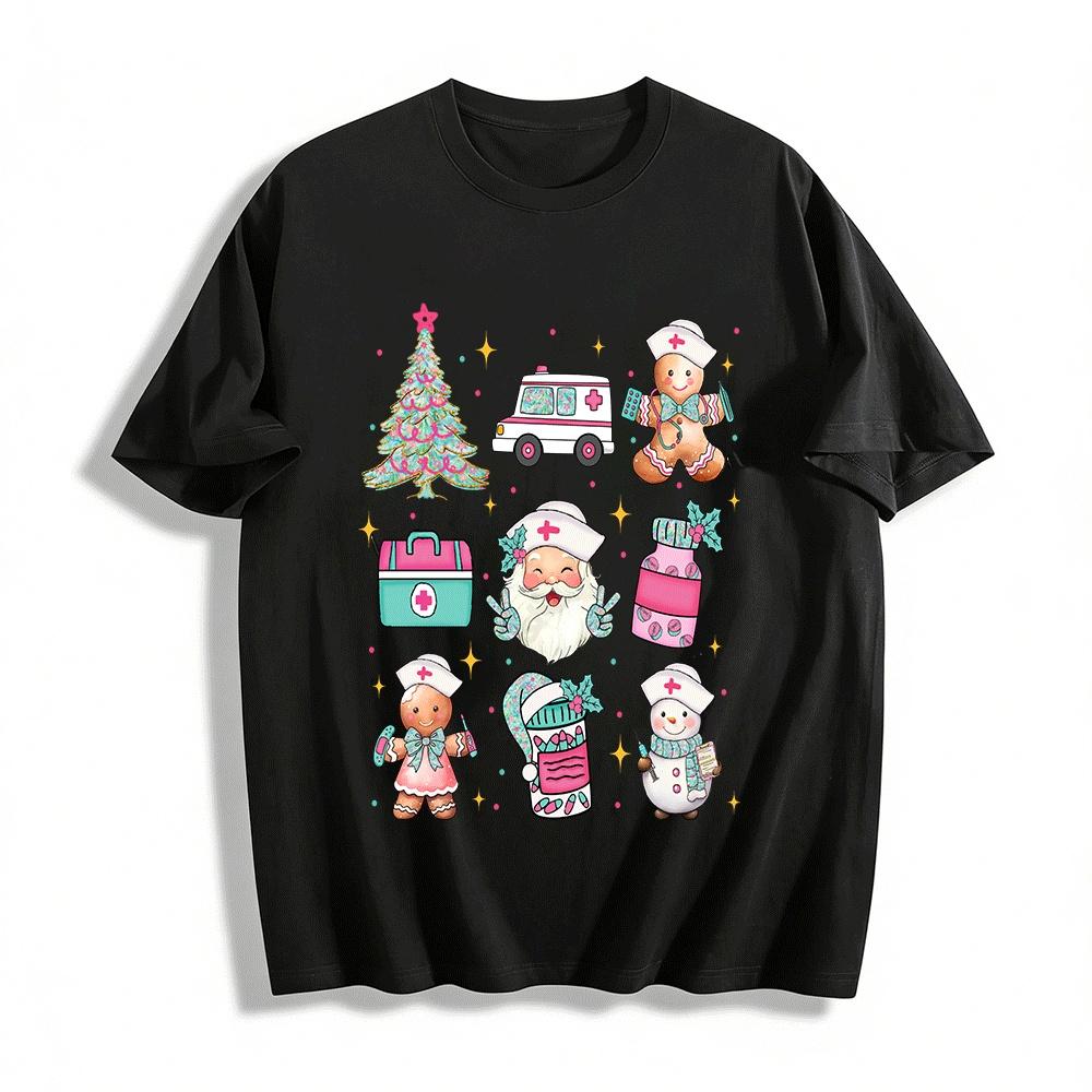 Christmas Medical Themed Gingerbread Man Santa Print Top Pure cotton T-shirt XXS