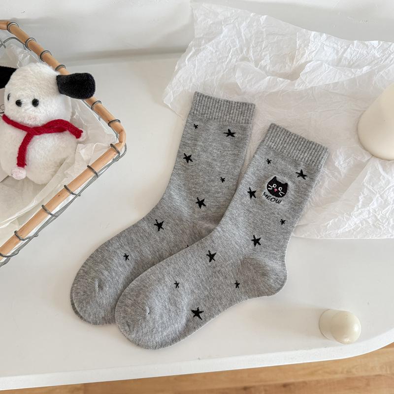 10Pair Star Socks Female Cute Cat Embroidery Tube Socks Autumn And Winter Cotton Socks Cartoon Student Stacking Socks