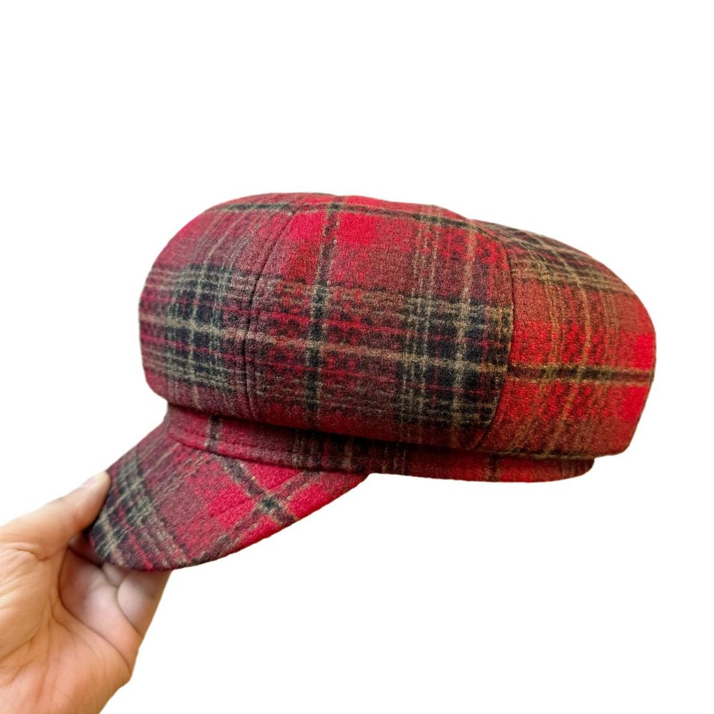 Red Plaid Woolen Octagonal Hat for Women, Autumn and Winter British Retro Beret, New Vintage Newsboy Cap